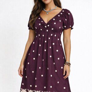 Baby Doll Dress‎ Boho Embroidered Flowers V-Neck Country Festival Purple Size XL